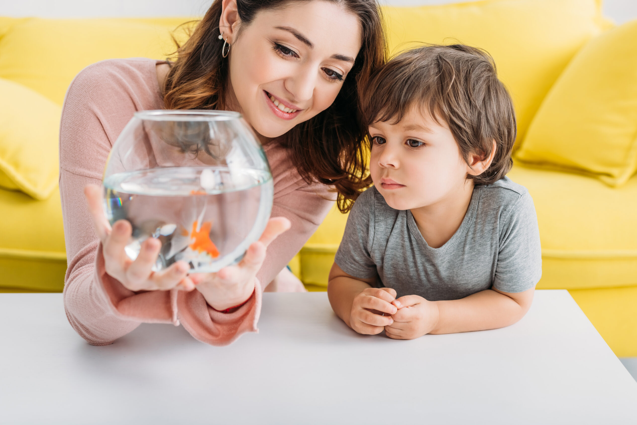 Mutter zeigt ihrem Kind ein kleines Aquarium mit Goldfisch